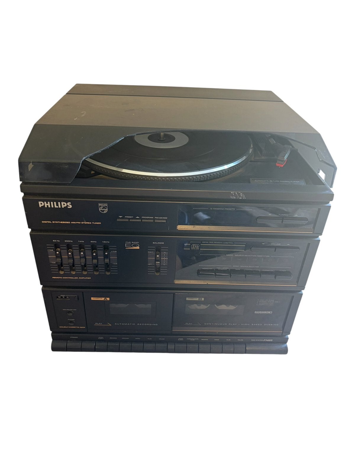 Philips Midi Systeem F1485 met Platenspeler en Dubbel Casset, Philips, Gebruikt, Cassettedeck, Losse componenten