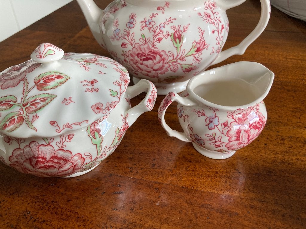 Rose chintz theepot suiker melk, Vintage, Ophalen of Verzenden, Zo goed als nieuw, Theepot