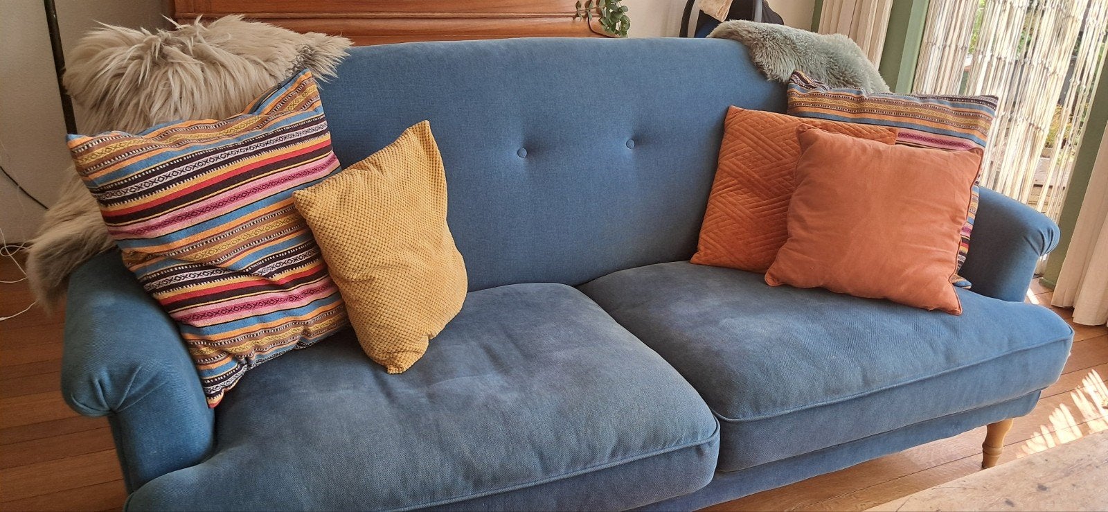 Retro blauwe bank, Ophalen, Gebruikt, Tweepersoons, 75 tot 100 cm