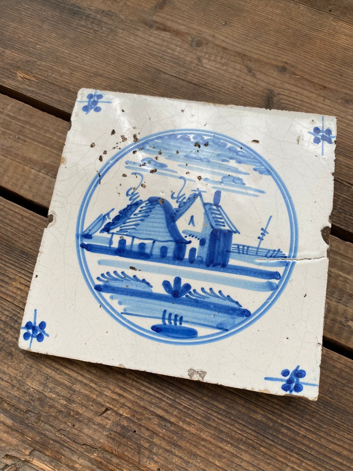 Oude originele antieke 18e-eeuwse tegel met landschap, Ophalen of Verzenden