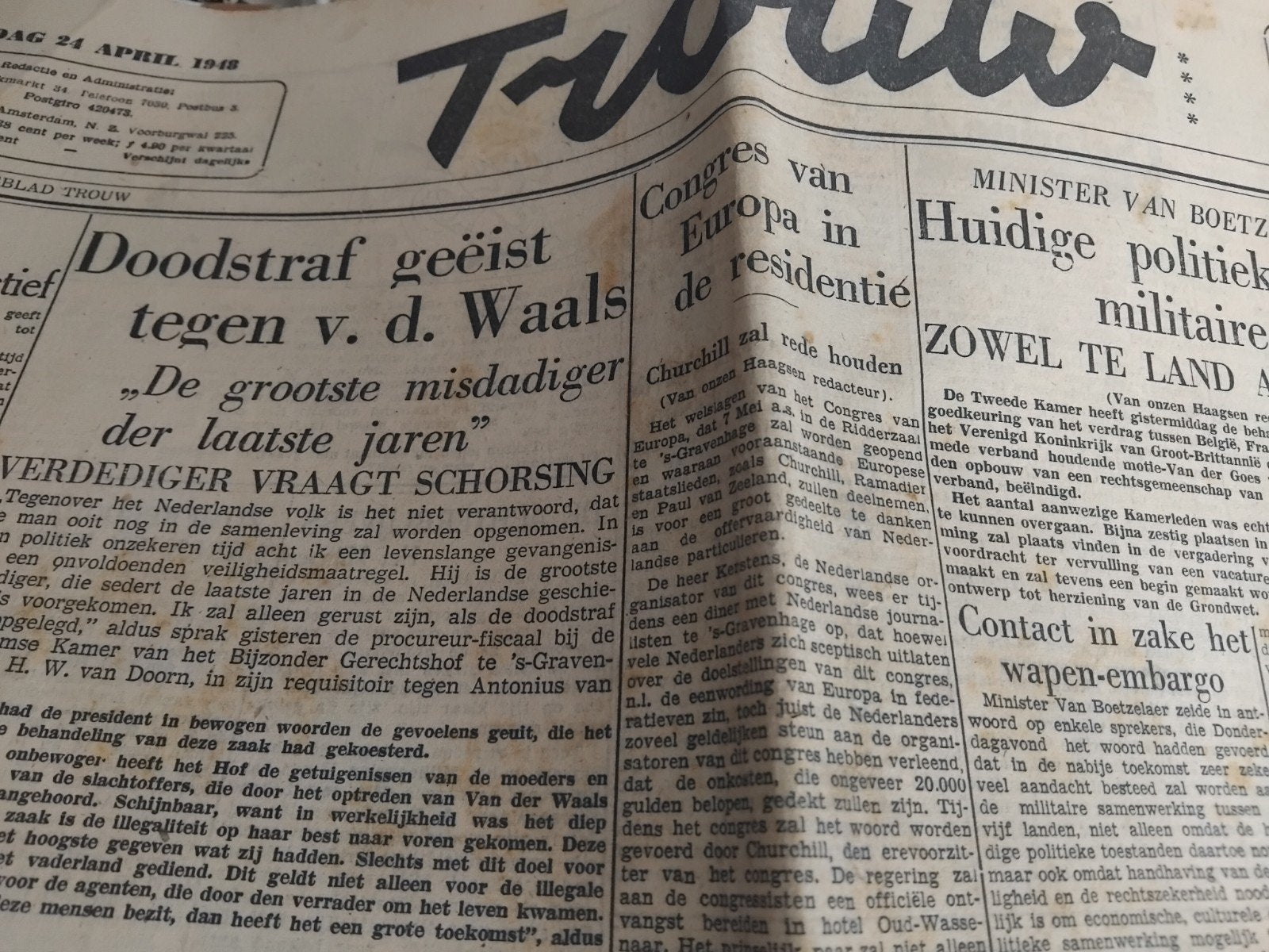 Trouw Krant 24 April 1948 - Historisch Nieuws, Boeken, Tijdschriften en Kranten, Ophalen of Verzenden, Gelezen, Krant