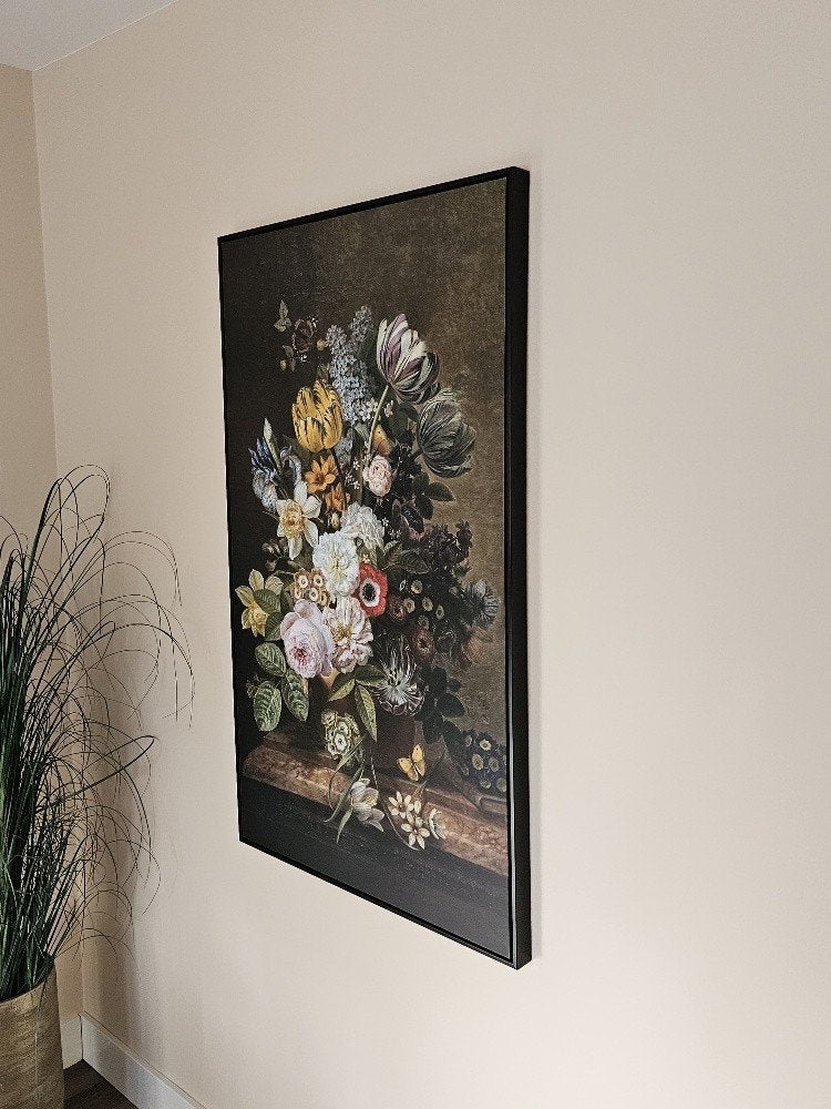 Groen gebloemd Schilderij en zwarte rand. 117cm bij 69cm., Huis en Inrichting, Woonaccessoires | Schilderijen, Tekeningen en Foto's