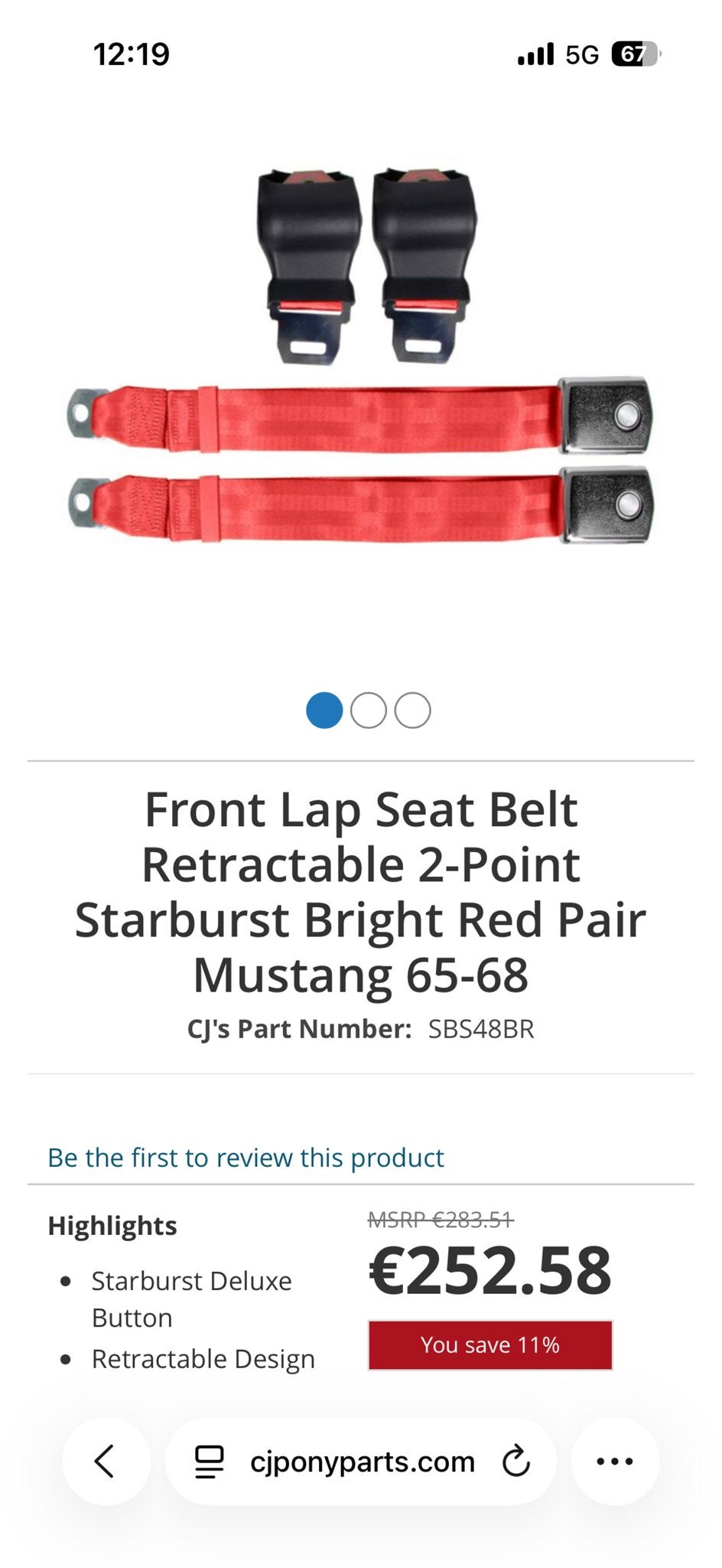 Ford Mustang heupgordel set, rood, nieuw (65-68), Auto-onderdelen, Ophalen of Verzenden, Nieuw, Ford