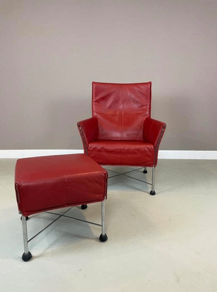 Montis Charly fauteuil en poef uitgevoerd in warm rood leder, Ophalen, Gebruikt, 75 tot 100 cm, 50 tot 75 cm