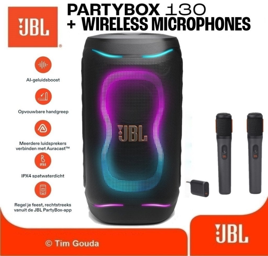✅ JBL Partybox 130 + Wireless Microfoon set - NIEUW, 150 watt of meer, JBL, Party speaker, Nieuw