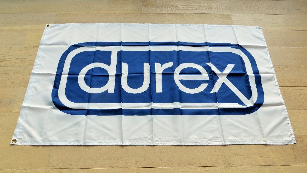 DUREX promo vlag / DUREX reclame vlag, Verzamelen, Merken en Reclamevoorwerpen, Ophalen of Verzenden, Zo goed als nieuw, Reclamebord