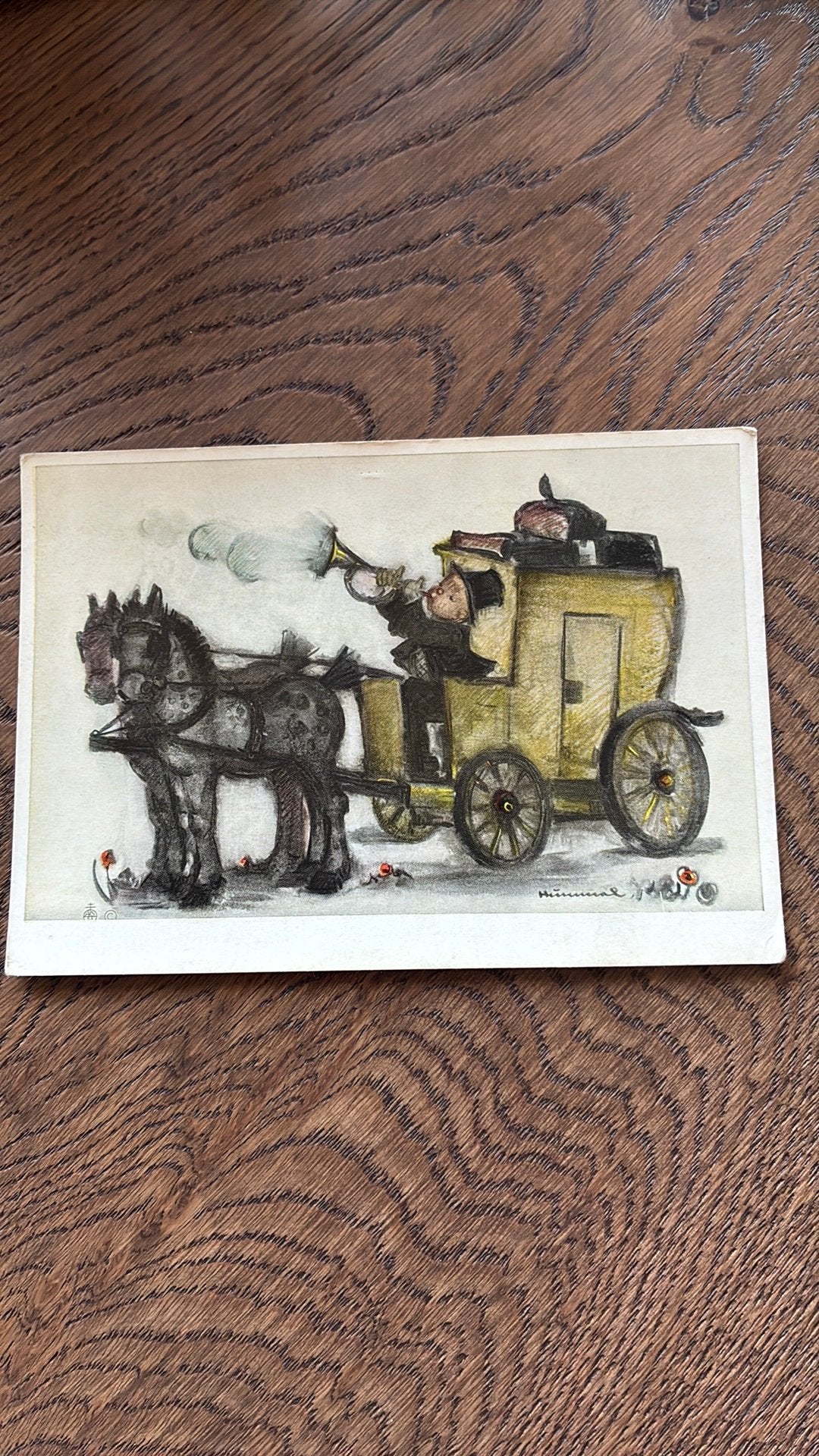 Hummel.No5549. Paarden en wagen. Koetsier blaast trompet, Ophalen of Verzenden, 1940 tot 1960, Kinderen