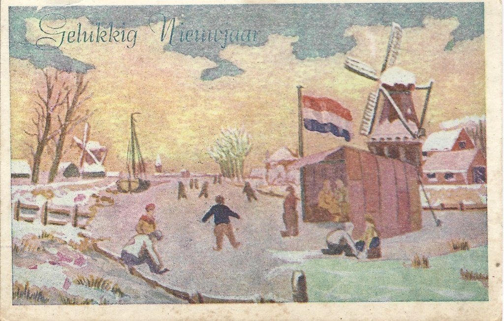Gelukkig Nieuwjaar*Kinderen op de IJsbaan*Koek en sopie, Ophalen of Verzenden, 1940 tot 1960, Gelopen, Feest(dag)