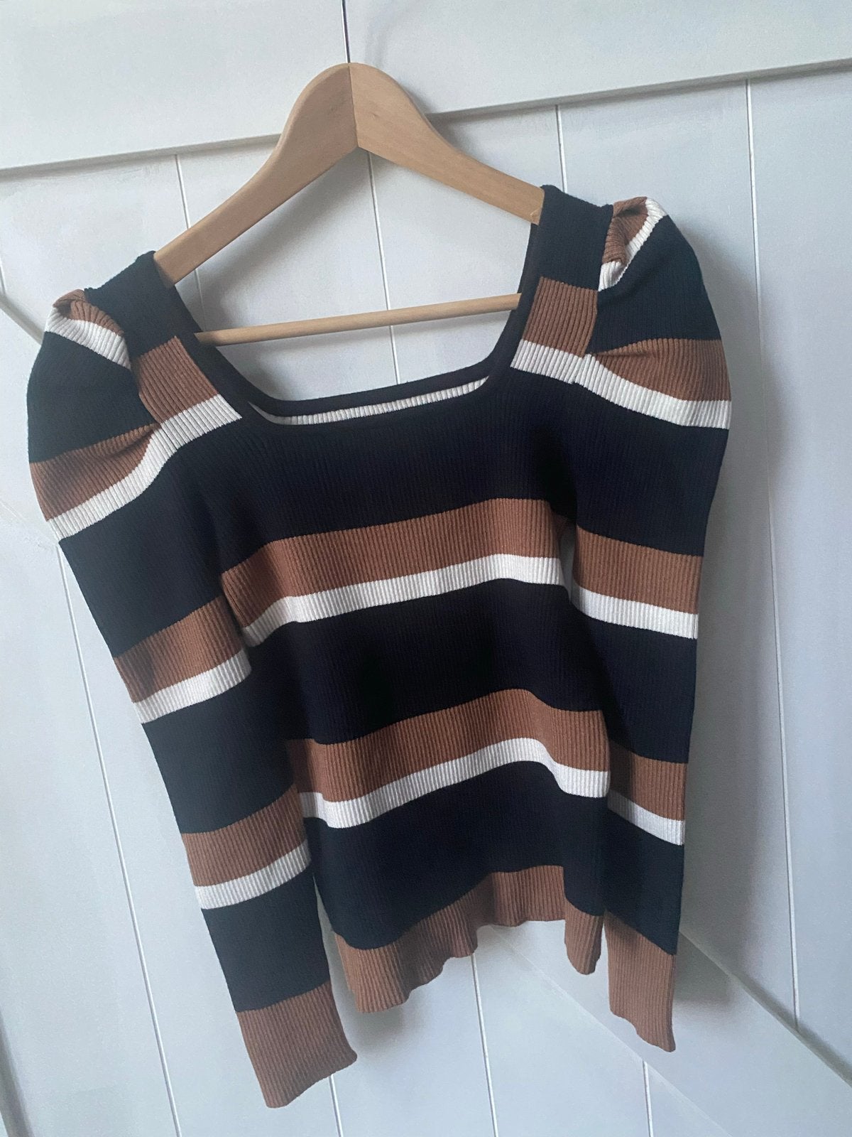 Shein gestreepte trui met pofmouwen, Verzenden, Zo goed als nieuw, Maat 42/44 (L), Zwart