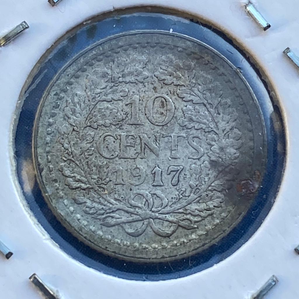 10 Cent / Dubbeltje uit 1917 van Wilhelmina, Postzegels en Munten, Munten | Nederland, Verzenden, Zilver, 10 cent, Koningin Wilhelmina