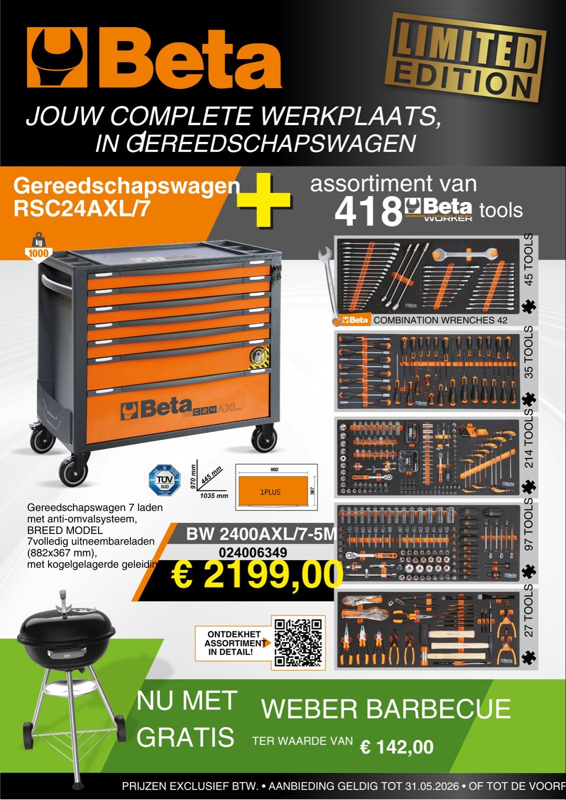 Beta Gereedschapswagen RSC24AXL/7 met 418 tools + BBQ, Ophalen, Nieuw, Gereedschapsset