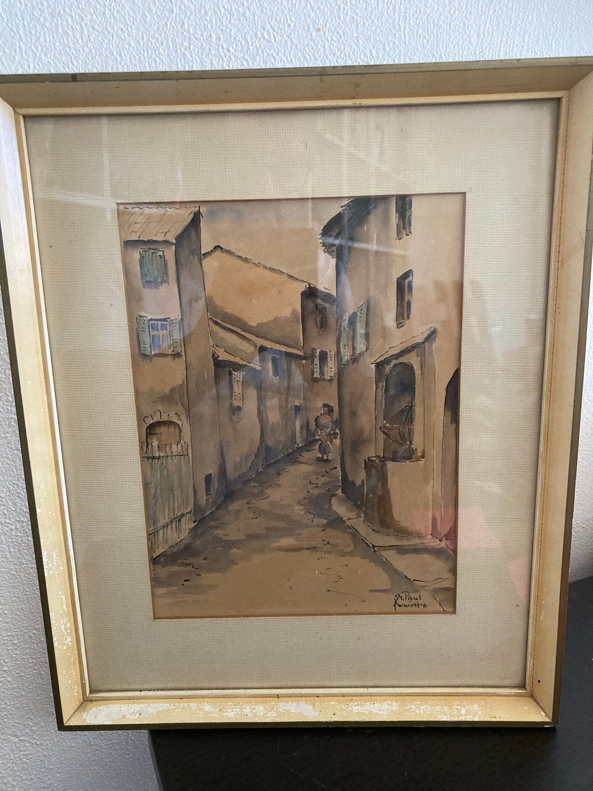 Originele aquarel Fred Witte - Smal straatje St. Paul, Impressionistisch, Ophalen of Verzenden, Aquarel, Origineel werk