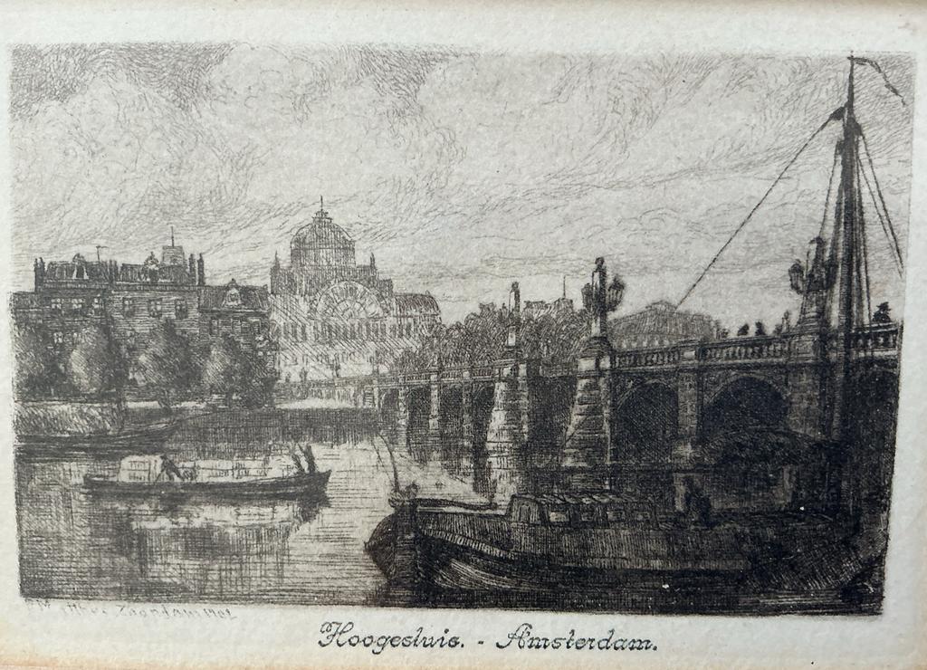 Gesigneerde Litho P. Matthes - Hoogesluis Amsterdam, Antiek en Kunst, Ingelijst, Stadsgezicht, Ophalen of Verzenden, Lithografie