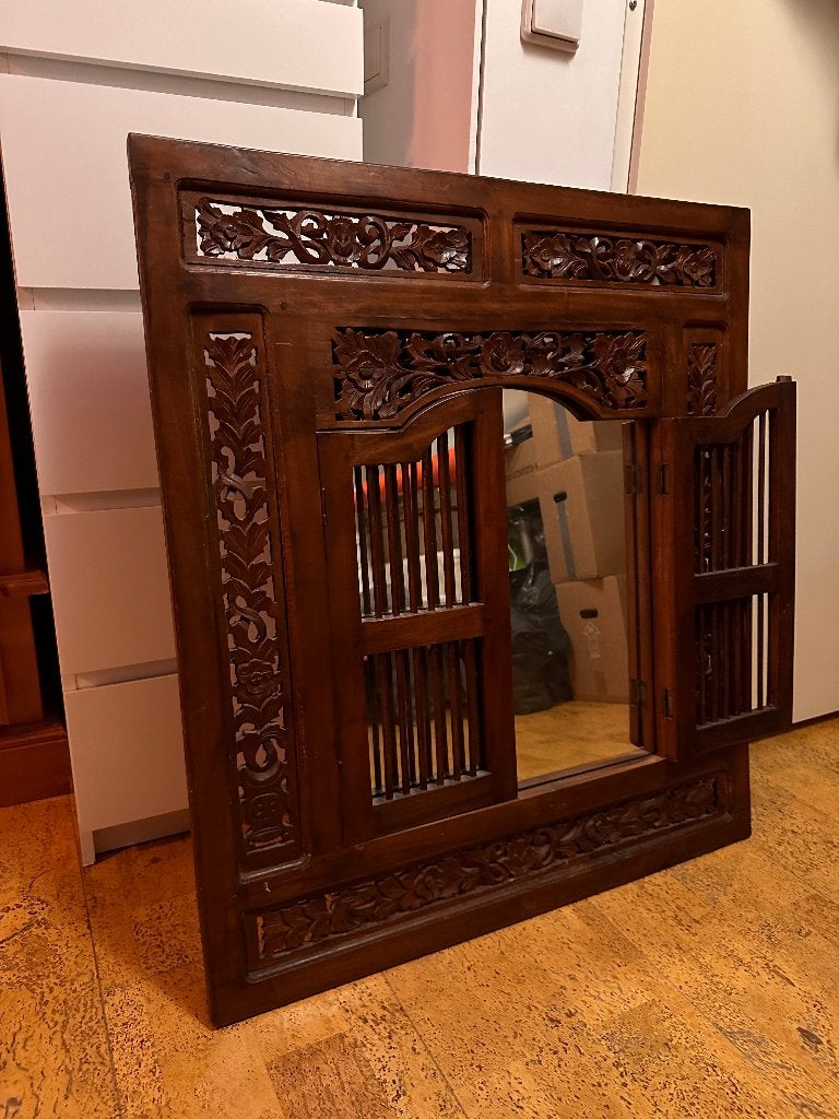 Balinese spiegel met luiken, Hout Indonesië, Ophalen, Overige onderwerpen, Houtsnijwerk, Handgemaakt