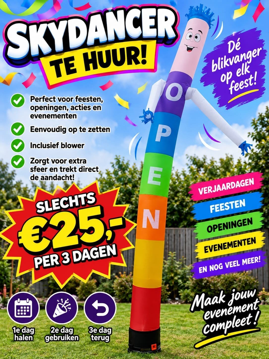 Opblaasbare Skydancer 'OPEN' - Reclame Pop te huur, Ophalen, Gebruikt, Feestartikel, Overige