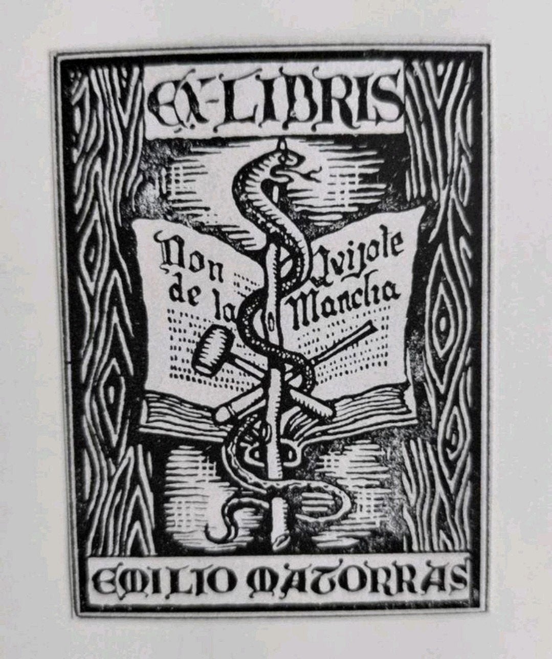 Exlibris Emilio Matorras (1944, Don Quichot, esculaap slang), 6 cm, 5 cm, Origineel, 1900 - 1949