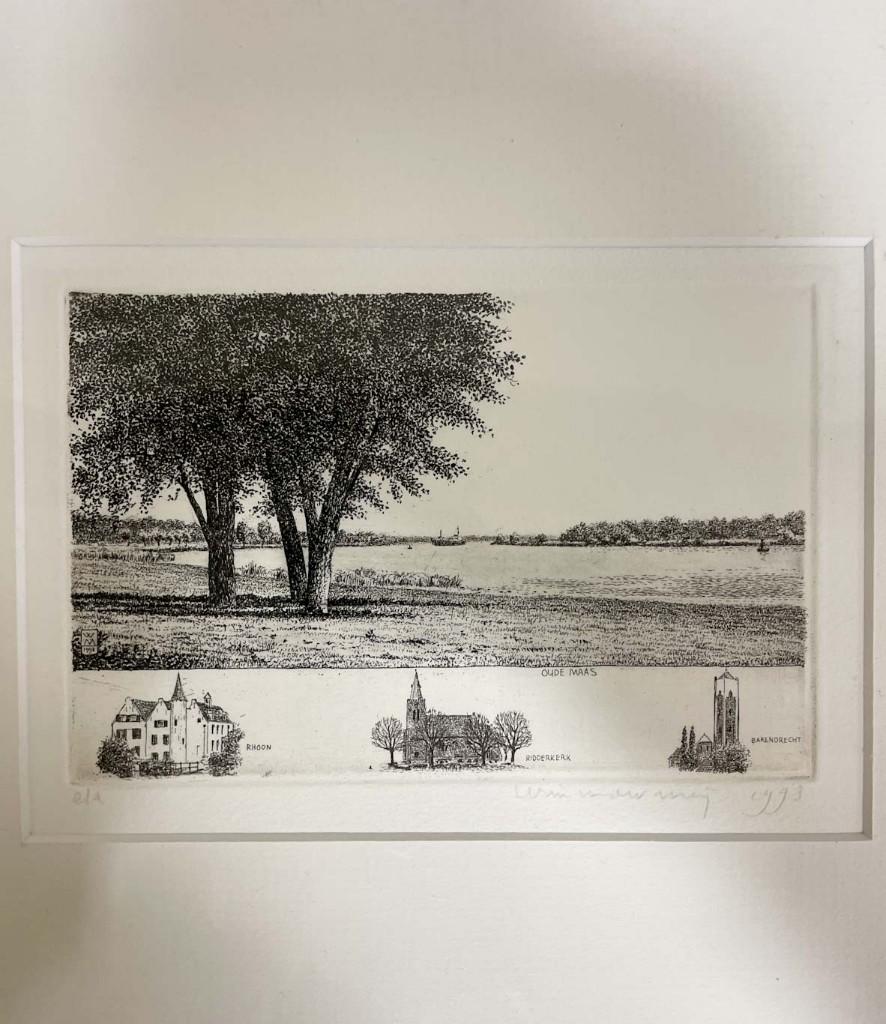 Oude Maas, ets van Wim van der Meij 1993, Antiek en Kunst, Kunst | Etsen en Gravures, Gesigneerd, 12 cm, Landschap, 1950 - 1999