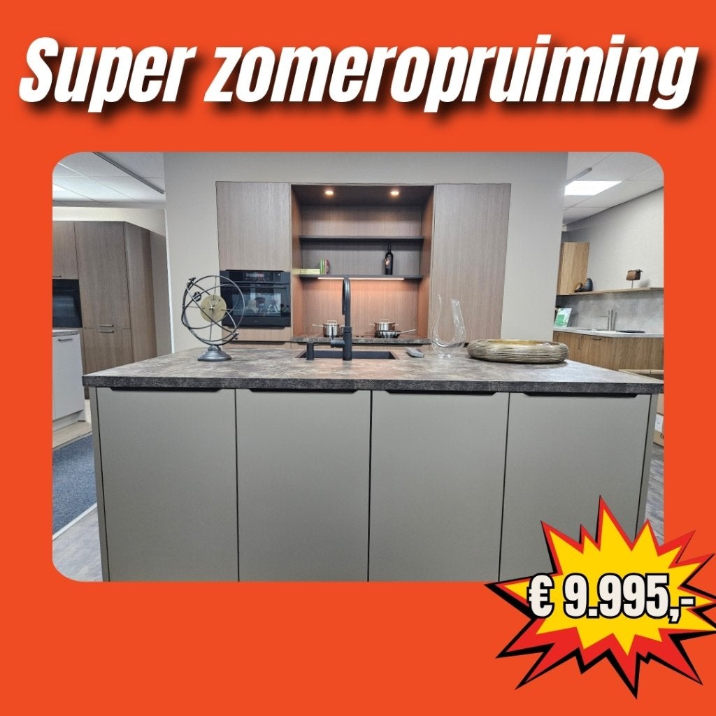 Complete Showroomkeuken met kastenwand en spoeleiland, Ophalen, Nieuw, 200 cm of meer, 50 tot 75 cm