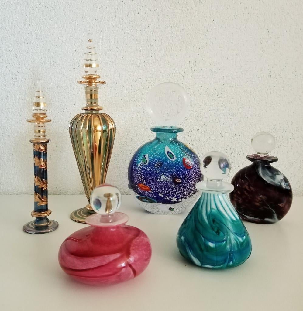 6 Parfum flesjes, glaskunst, mondgeblazen. Millefiori., Ophalen of Verzenden