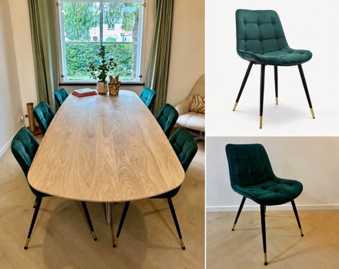 6x Eetkamerstoel groen fluweel - nieuwstaat. Prijs per stuk, Ophalen, Hotel chic, Overige kleuren, Zo goed als nieuw
