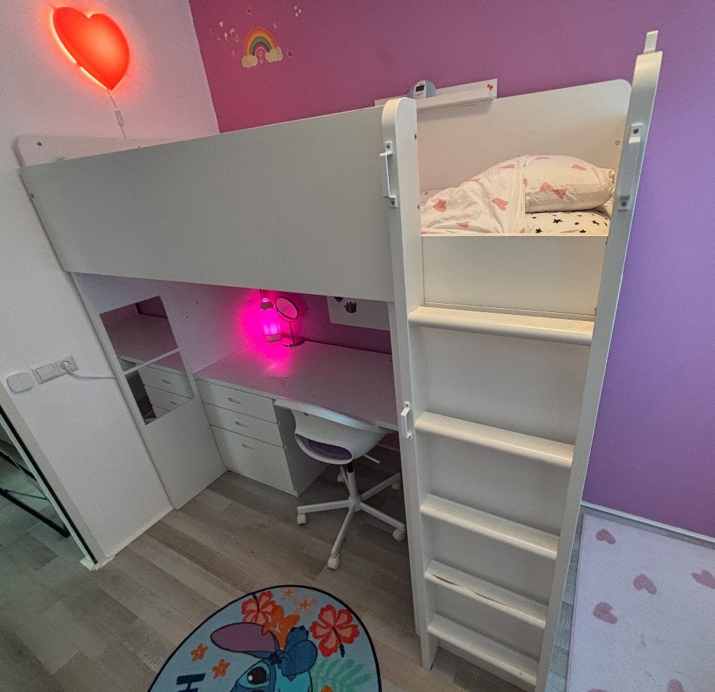 IKEA hoogslaper met bureau, lades en kledingkast (wit)