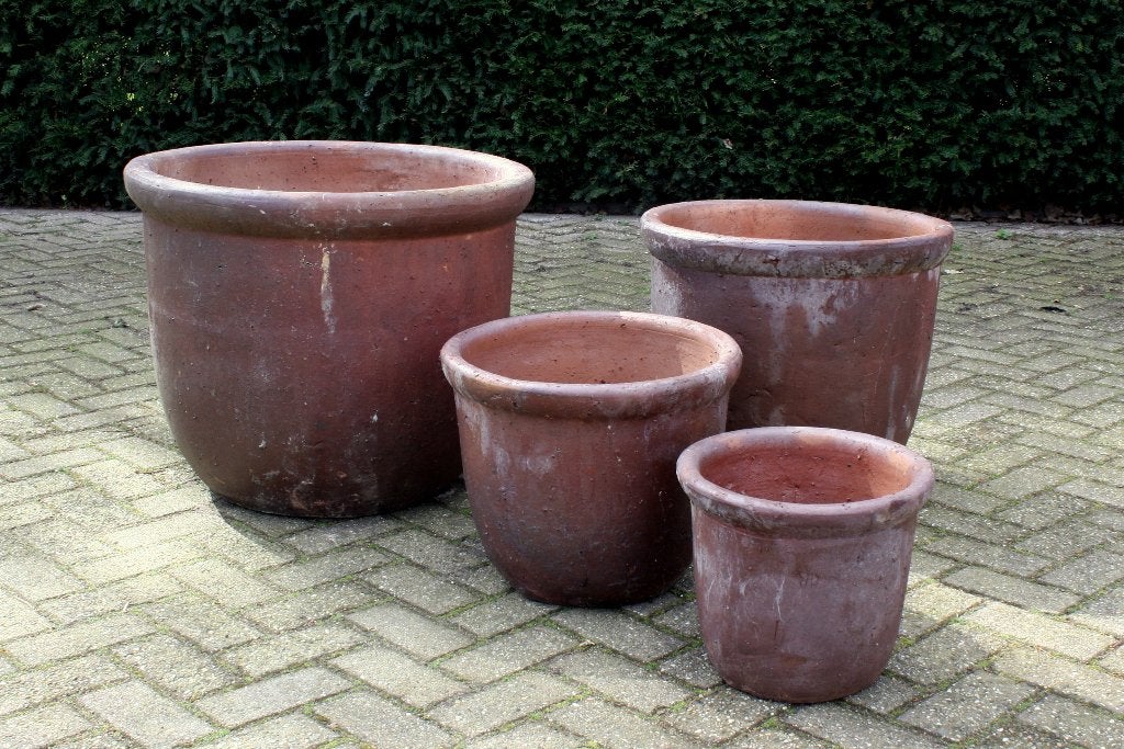 Robuuste donkerbruine bloempotten aardewerk terras 4 maten, Ophalen, 40 cm of meer, Rond, Nieuw