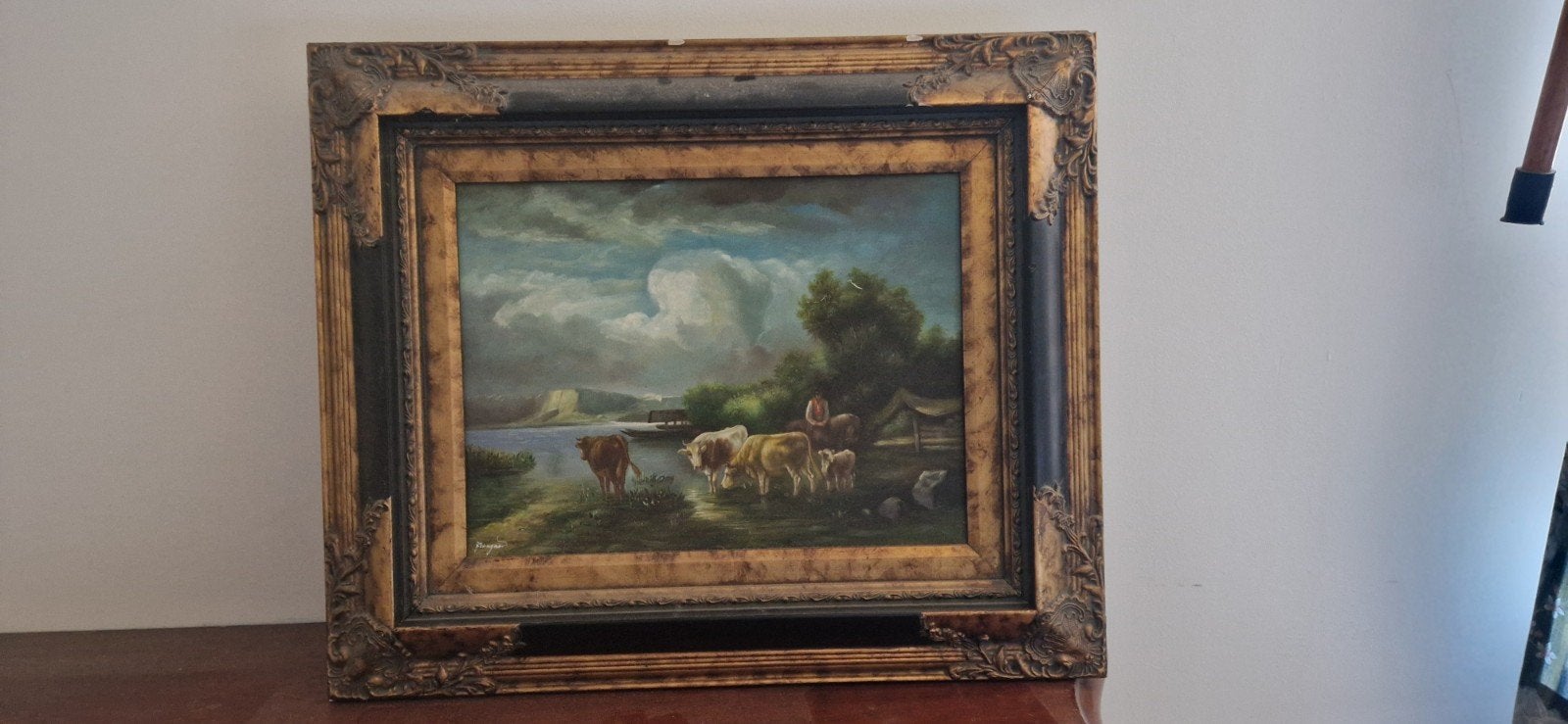 Prachtig Landschap Schilderij met Vee en Rivier, Doek, Realistisch, Ophalen of Verzenden, Gesigneerd