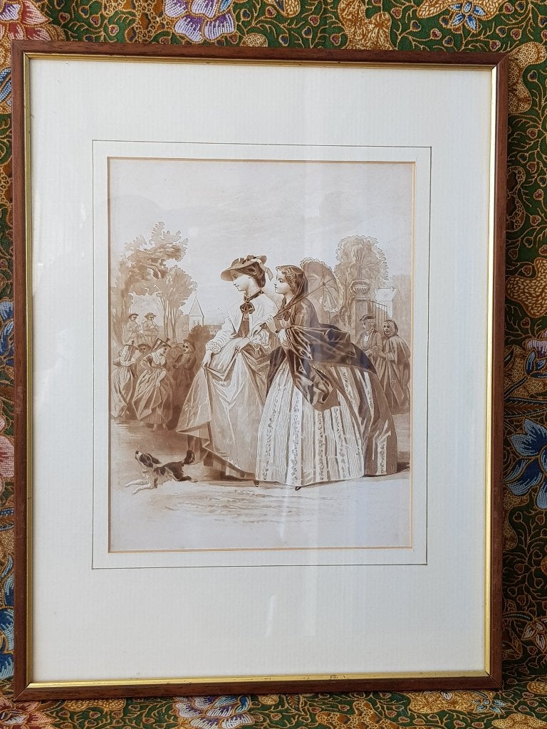 Mooie antieke ingelijste prent uit Engeland met twee vrouwen, Ophalen of Verzenden