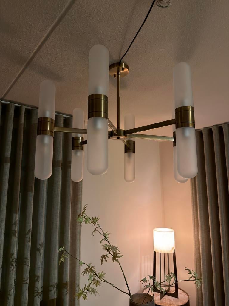Richmond Interiors Hanglamp Tricon Glas Brons - ZGAN, Ophalen of Verzenden, Zo goed als nieuw, Glas, 75 cm of meer