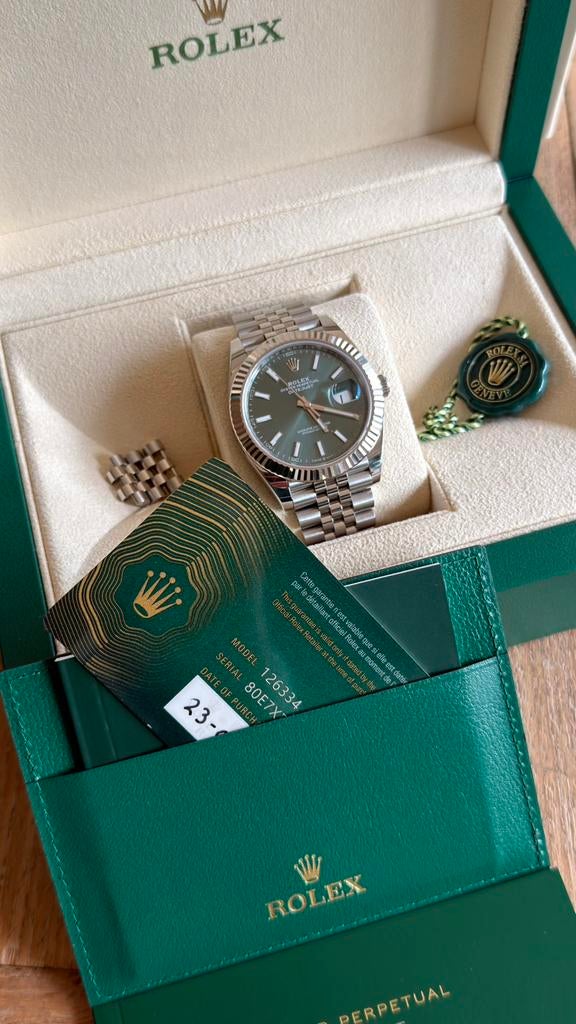 Rolex Datejust 41 Mintgroen Fluted Bezel & Jubilee (126334), Staal, Polshorloge, Ophalen of Verzenden, Zo goed als nieuw