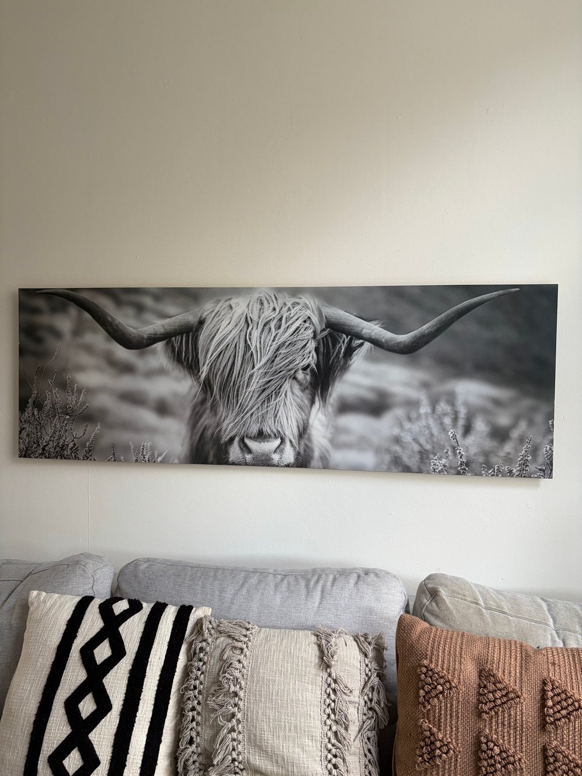 Schilderij Schotse Hooglander Zwart-Wit, Ophalen of Verzenden, Zo goed als nieuw, Schilderij, 100 tot 125 cm