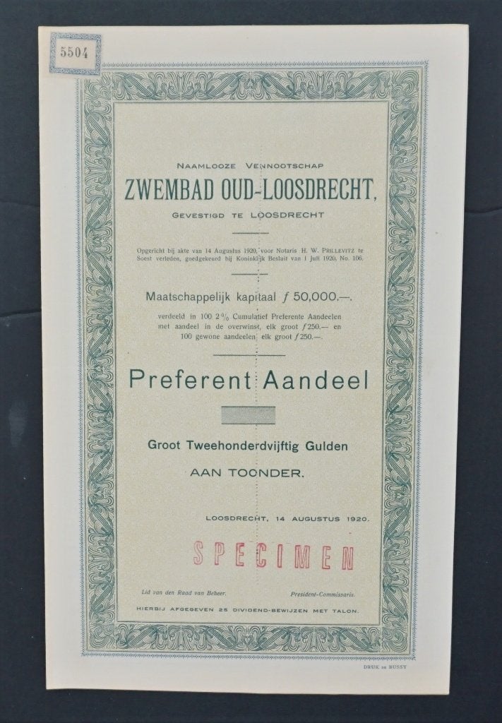N.V. Zwembad Oud-Loosdrecht, Verzenden, 1920 tot 1950, Aandeel