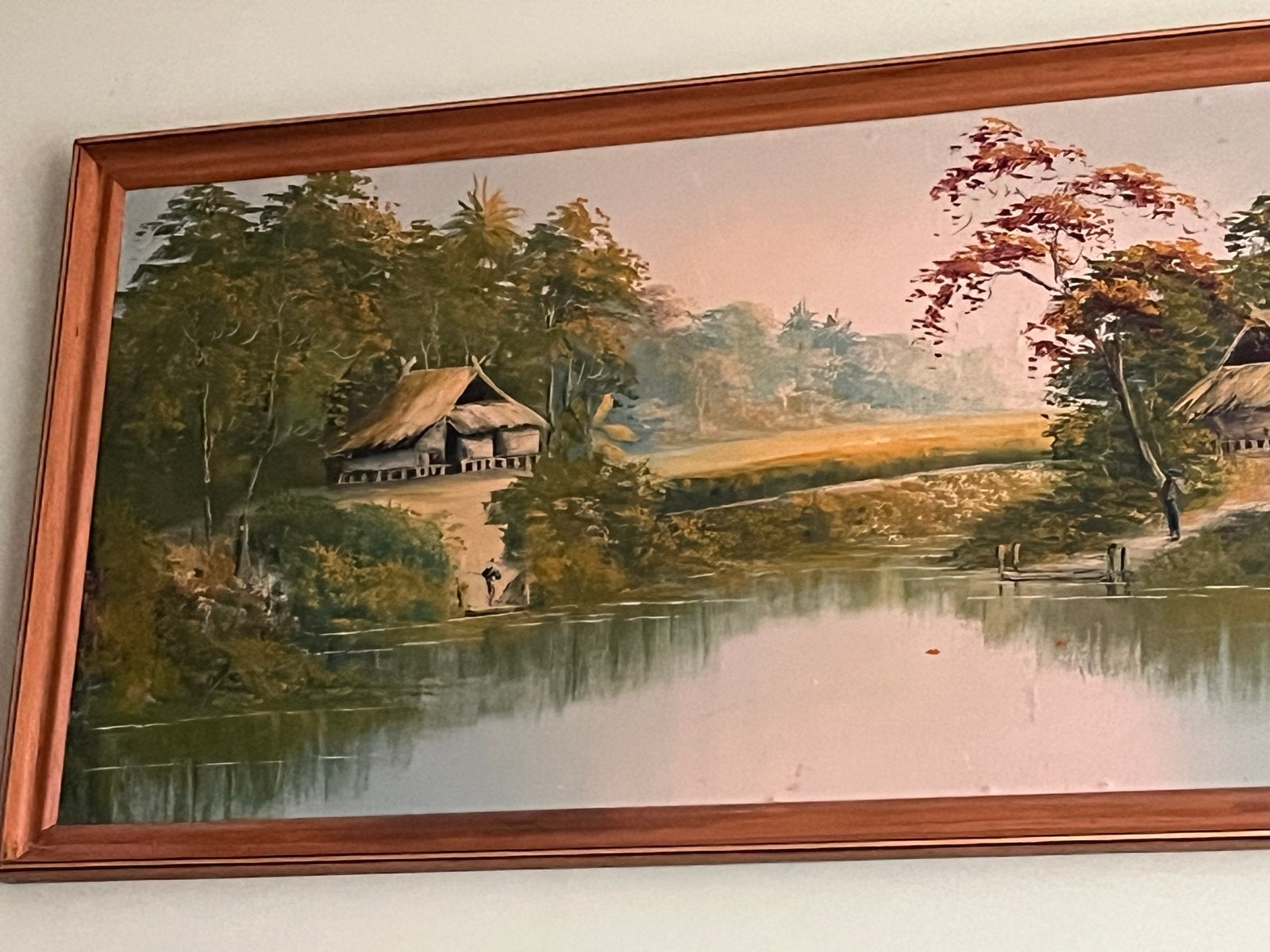 Schilderij Sawah en Kampung aan de rivier–Hidajat – 200x80cm, Ophalen, Doek, Realistisch, Gesigneerd