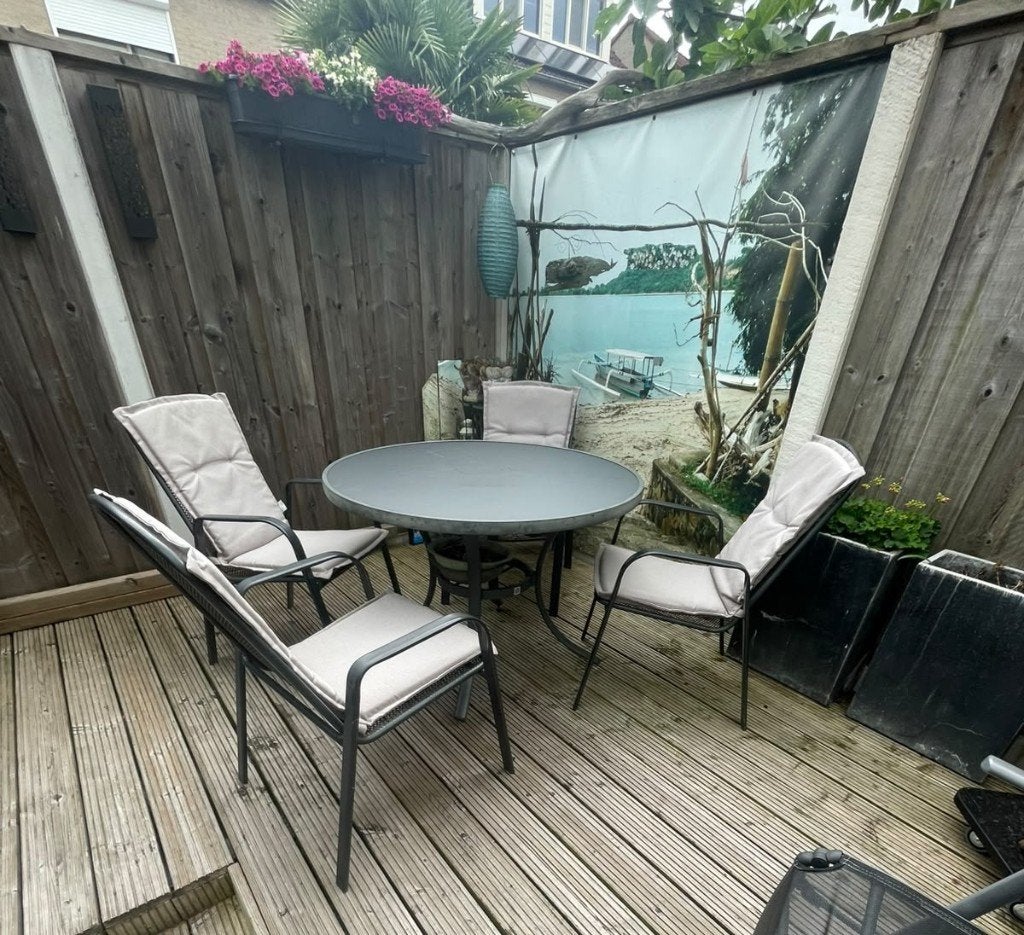 tuinset 4 stoelen met kussens + ronde tafel, Ophalen, Gebruikt, Tuinset, Eettafel