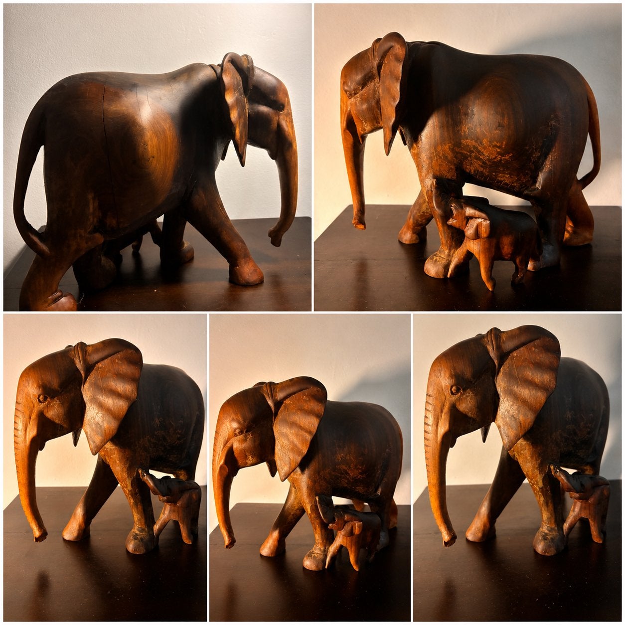 Houten olifant met kalf - Handgesneden sculptuur, Ophalen, 20 - 50 cm, Beeld, Hout
