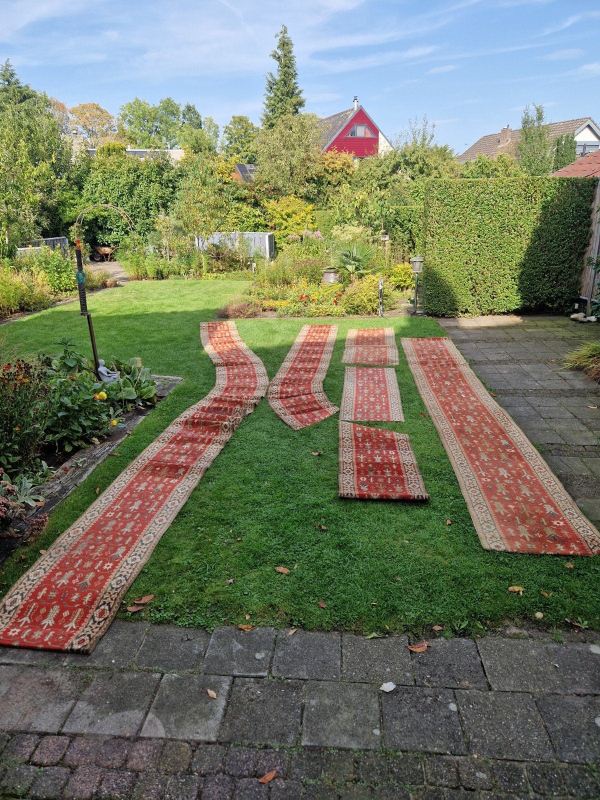 Set van 6 Kazak lopers - Handgeknoopt, rood/beige, Gebruikt, 200 cm of meer, 50 tot 100 cm, Rood