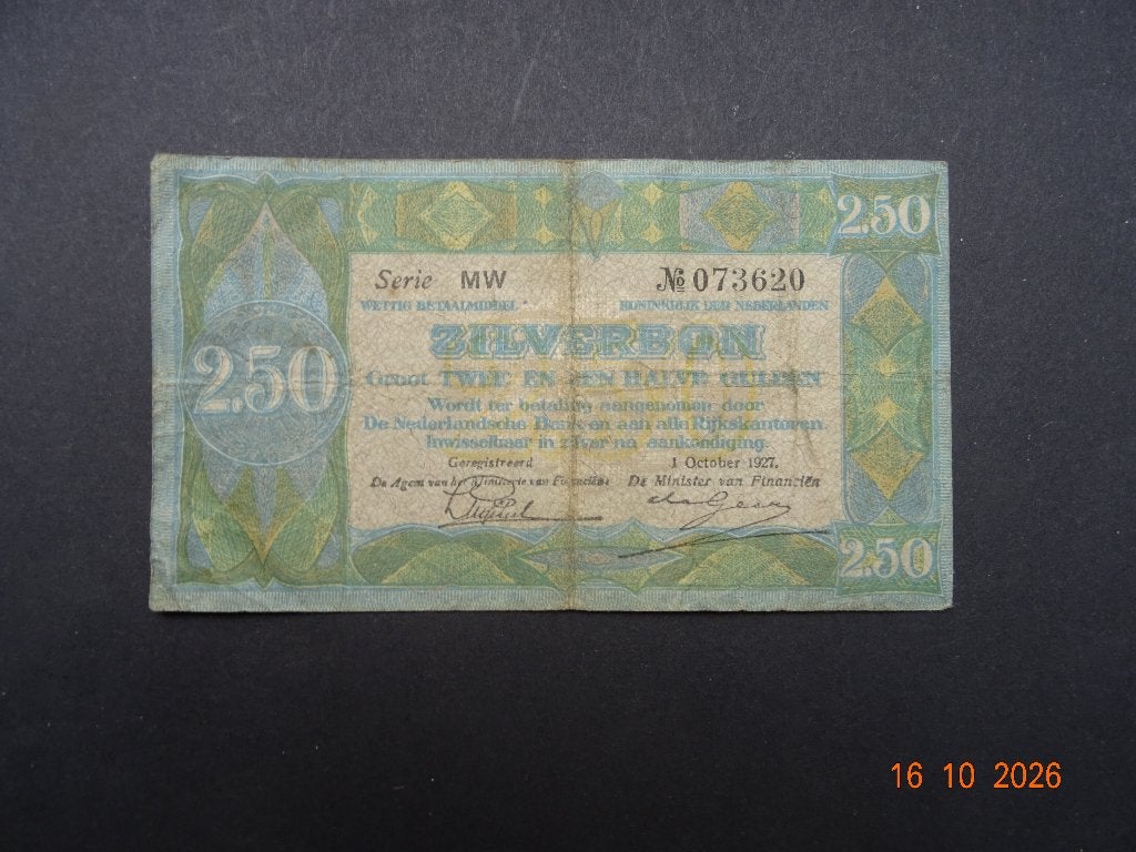 Zilverbon 2,50 gulden 1 0ktober 1927, Ophalen of Verzenden, 2½ gulden, Los biljet