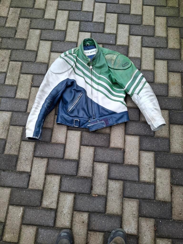 Hein Gericke Leren Motorjas - Vintage Groen/Blauw/Wit mt58, Hein Gericke, Heren, Jas | leer, Ophalen of Verzenden