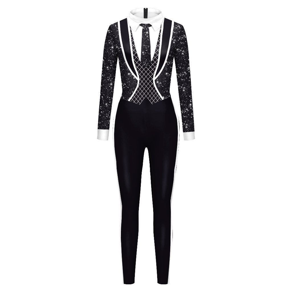 Dames catsuit 23 / bodysuit zwart wit glitter jumpsuit feest, Verzenden, Maat 46/48 (XL) of groter, Nieuw, Overige thema's