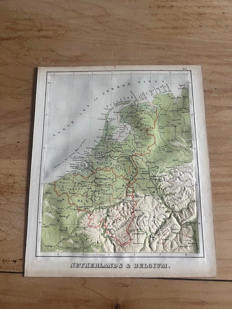 Antieke landkaart Nederland & Begië, met reliëf, 1885, Gelezen, Ophalen of Verzenden, Landkaart, 1800 tot 2000