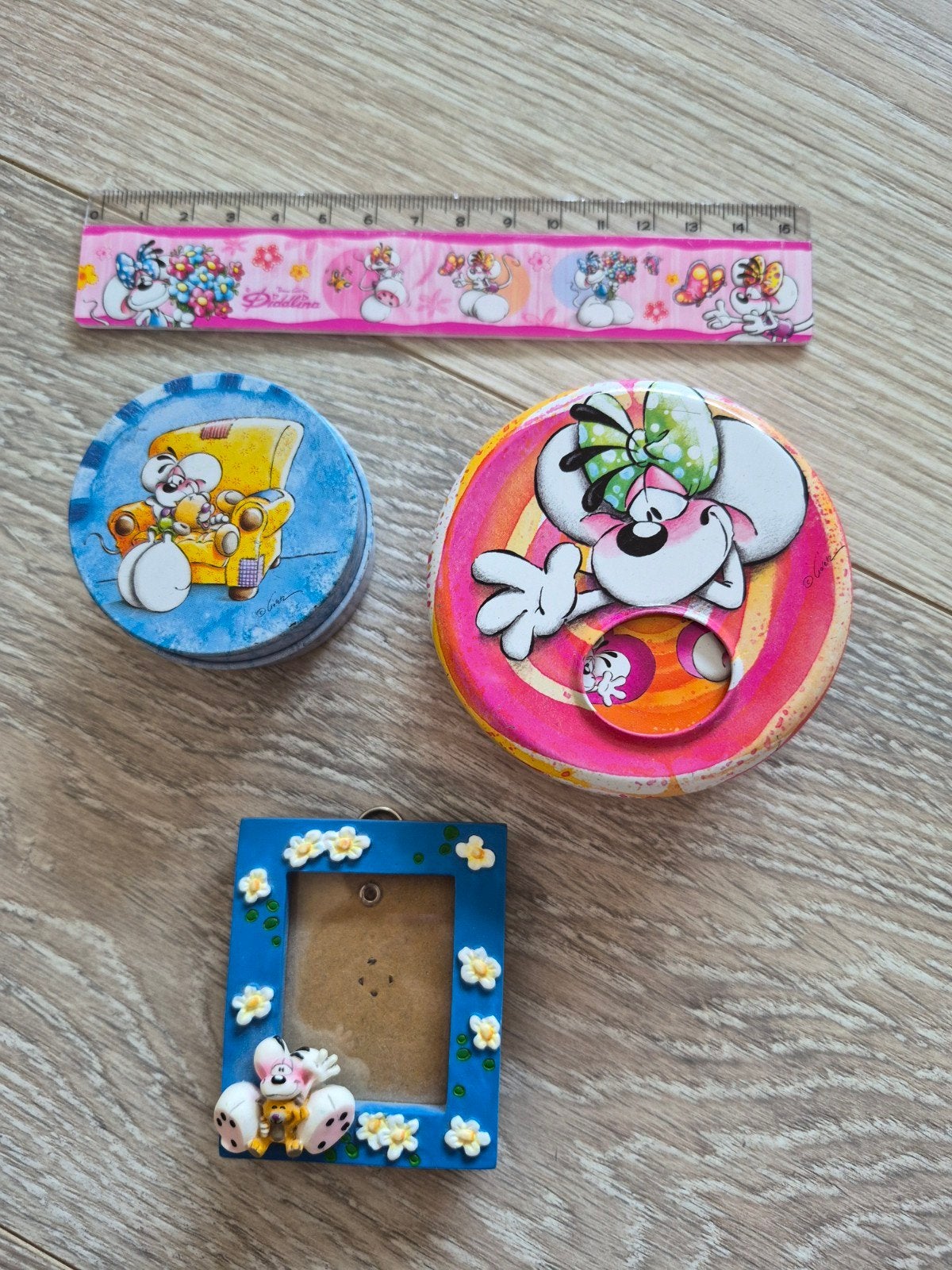 4x leuke Diddl artikelen 2 blikjes - fotolijstje- lineaal, Ophalen of Verzenden, Verschillende figuren, Zo goed als nieuw, Overige typen