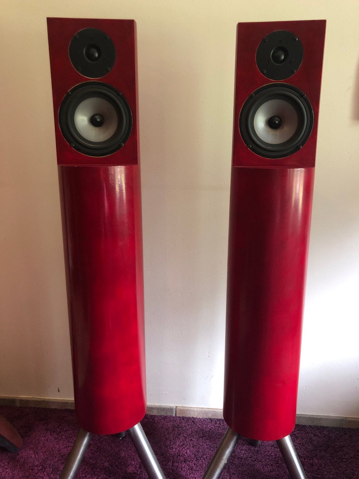 Unieke rode zelfbouw speakers, Viva tweeter, loden baspoort, Vloerstaande luidspreker, Gebruikt, 60 tot 120 watt, Basreflex