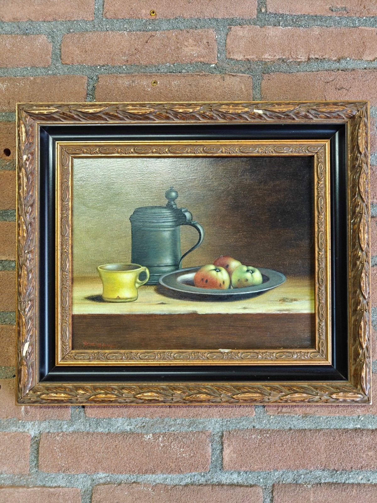 Klassiek stilleven met kan en appels, olieverf op doek, Antiek en Kunst, Doek, Bijzondere lijst, Ophalen, Bloemen