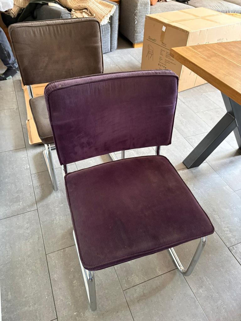 Set van 4 eetkamerstoelen - bruin en paars ribfluweel, Huis en Inrichting, Stoelen, Ophalen, Gebruikt, Overige kleuren, Vier