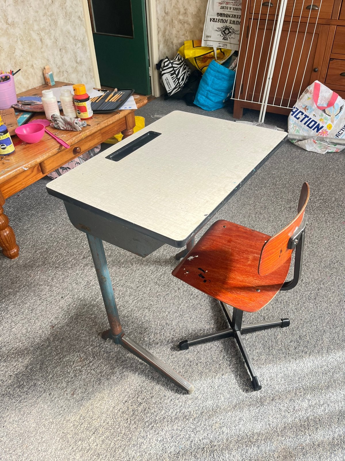 Vintage Marko schoolbank / schooltafel met stoel, Ophalen, Gebruikt, Overige merken