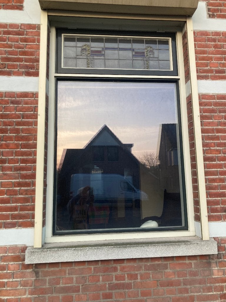 Antiek kozijn met dubbelglas & glas in lood raampje & dorpel, Ophalen, Gevelraam of Ruit, Gebruikt, 160 cm of meer