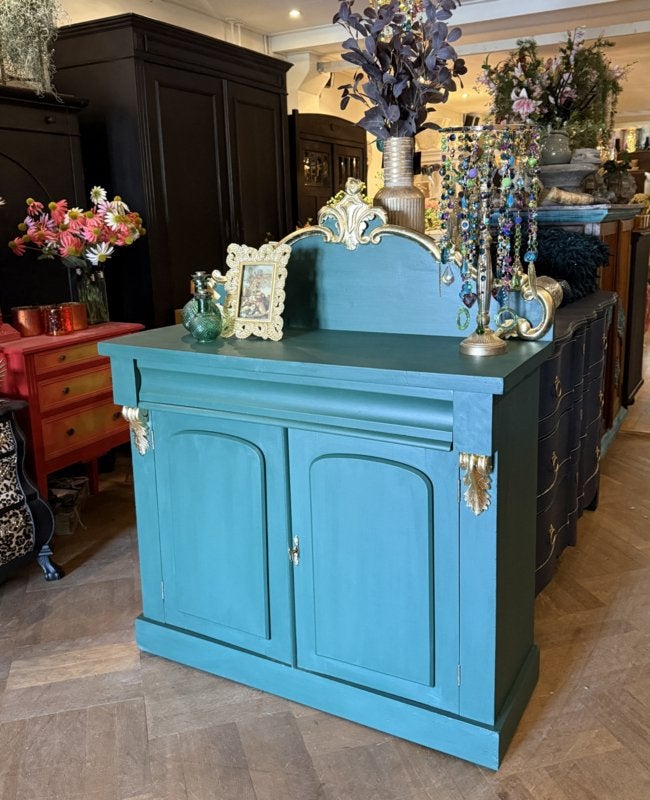 Antiek klein dressoir, vintage kastje, brocante kast VdlM, Ophalen, 100 tot 150 cm, 1 of 2 laden, 100 tot 150 cm