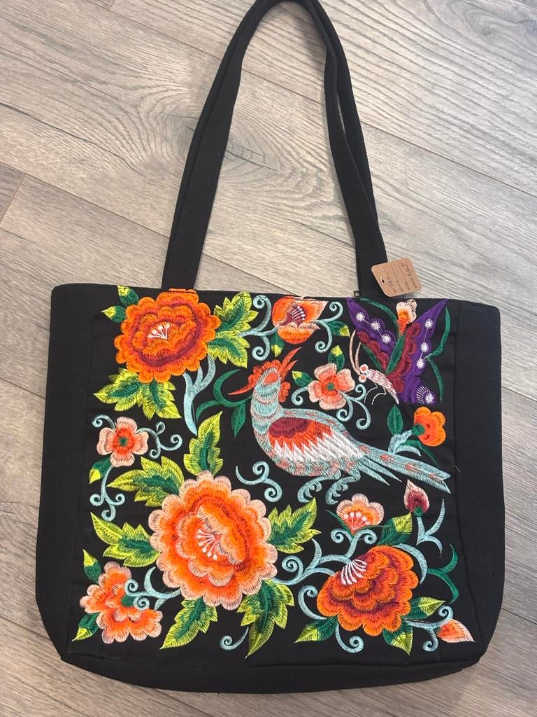 Geborduurde Shopper met Kleurrijke Bloemen en Vogels, Ophalen of Verzenden, Zo goed als nieuw, Zwart, Shopper