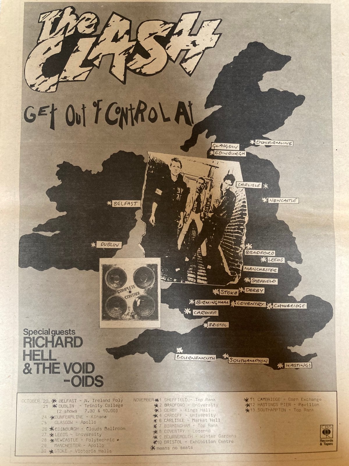 THE CLASH Out Of Control tour 1977 A3 advertentie, Ophalen of Verzenden, Gebruikt