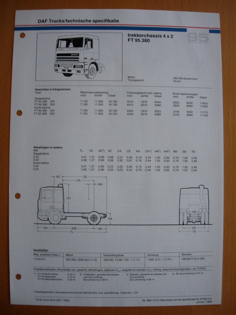 DAF FT 95 380 pk Technische Specificatie Brochure 1988 4x2, Ophalen of Verzenden, Zo goed als nieuw, Overige merken, DAF